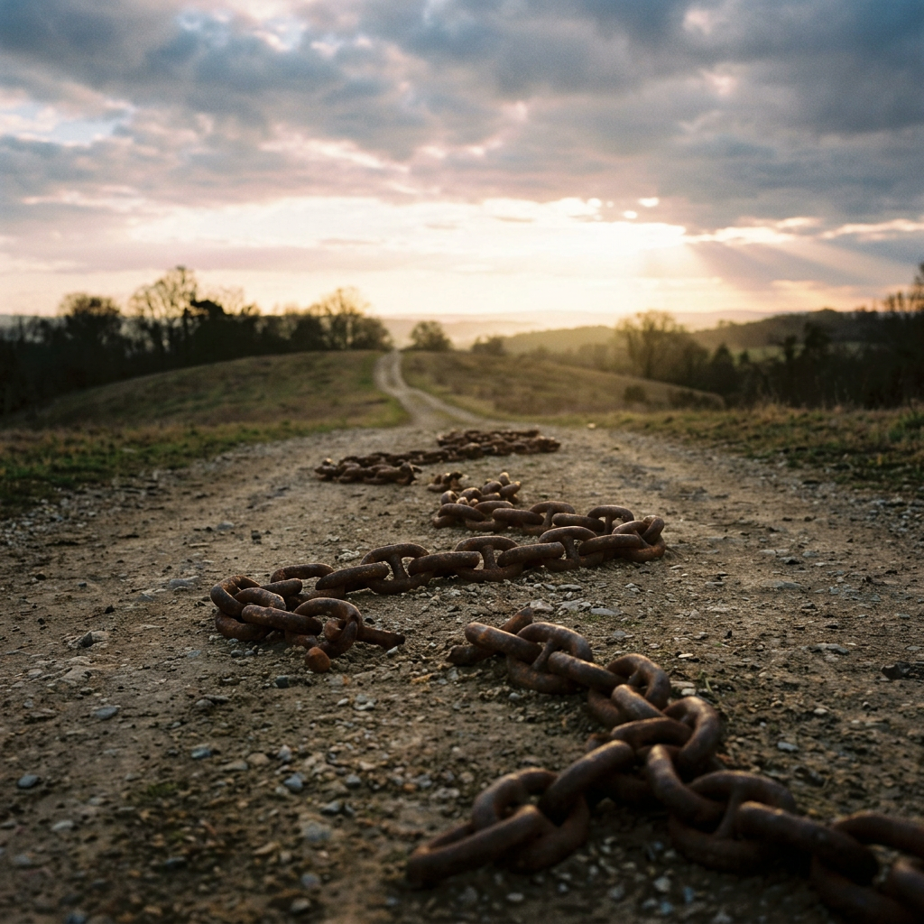 Rusty metal chains scattered on a gravel and dirt road with a sunset sky