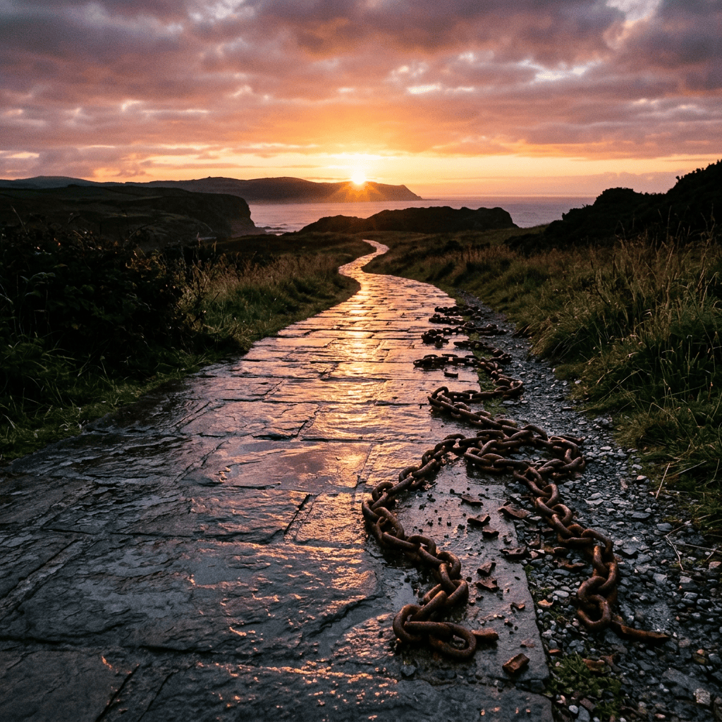 Winding stone path at sunset with rusted chain lying on the ground